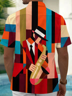 Oceanlyte Men's Graphic Geometric Saxophone Player Print Short Sleeve Shirt with Chest Pocket