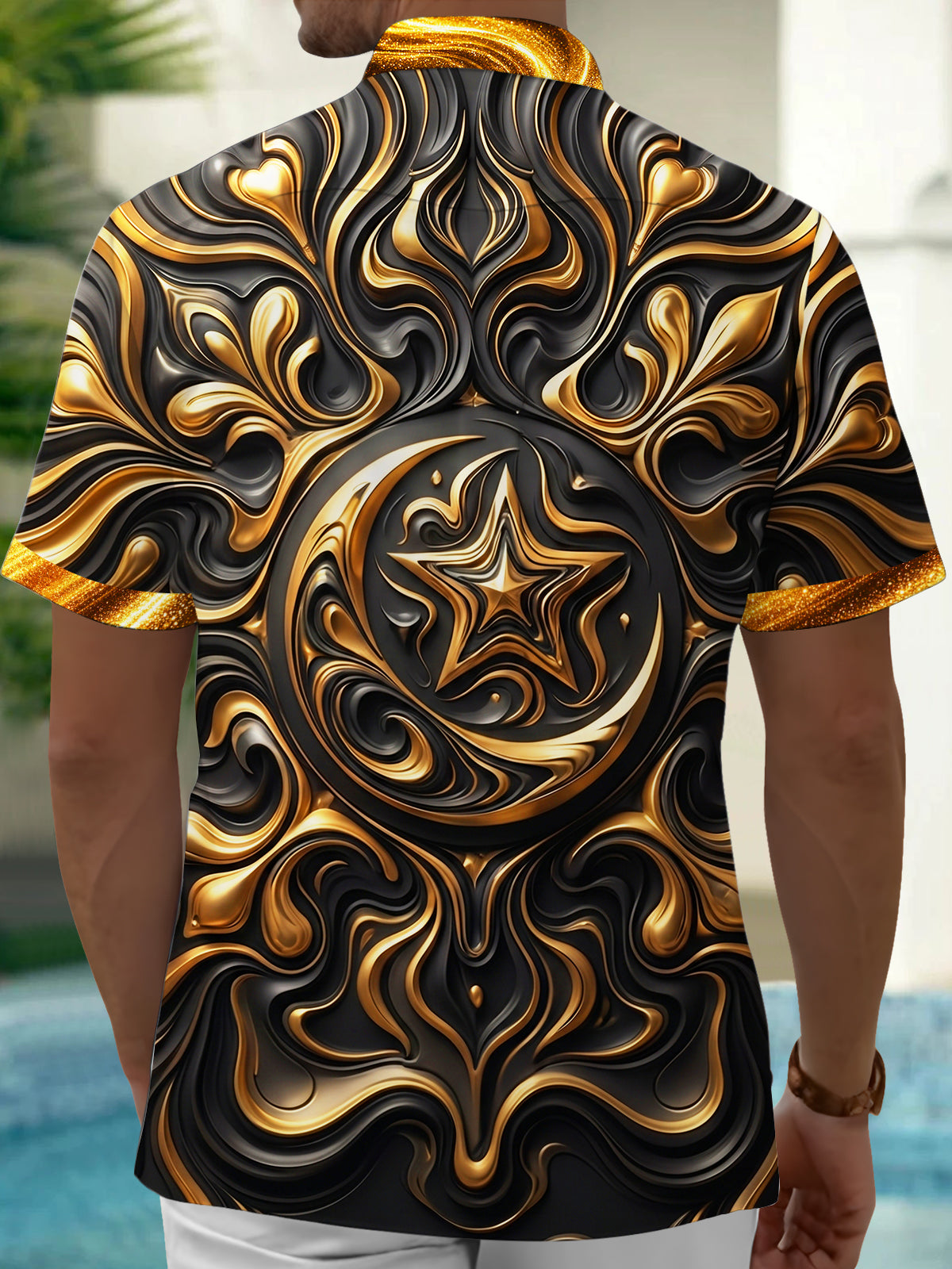 Oceanlyte Men's Graphic 3D Swirl Moon Star Relief Print Short Sleeve Shirt with Chest Pocket