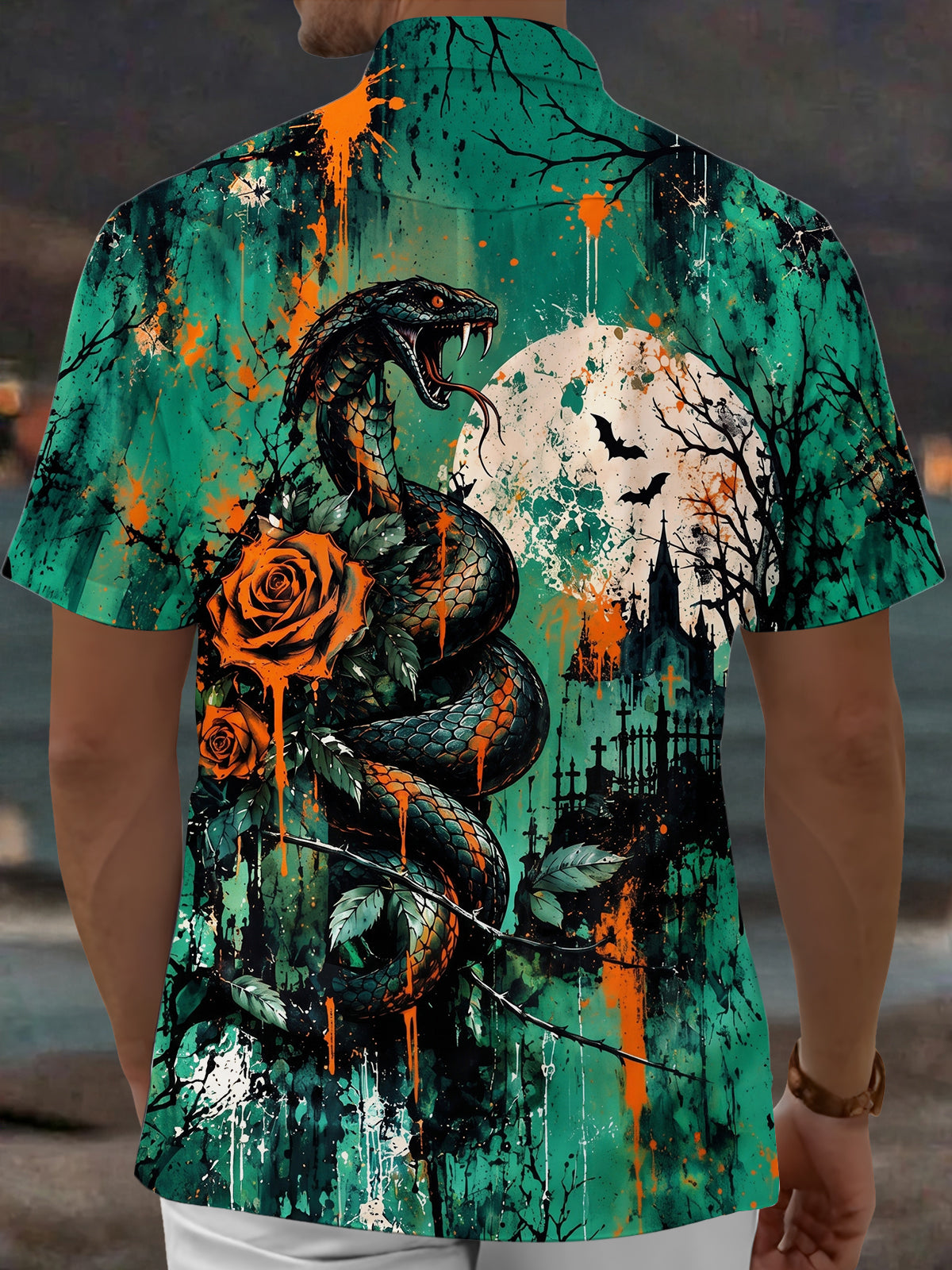 Oceanlyte Men's Short Sleeve Shirt - Halloween Snake And Roses With Graveyard Print with Chest Pocket