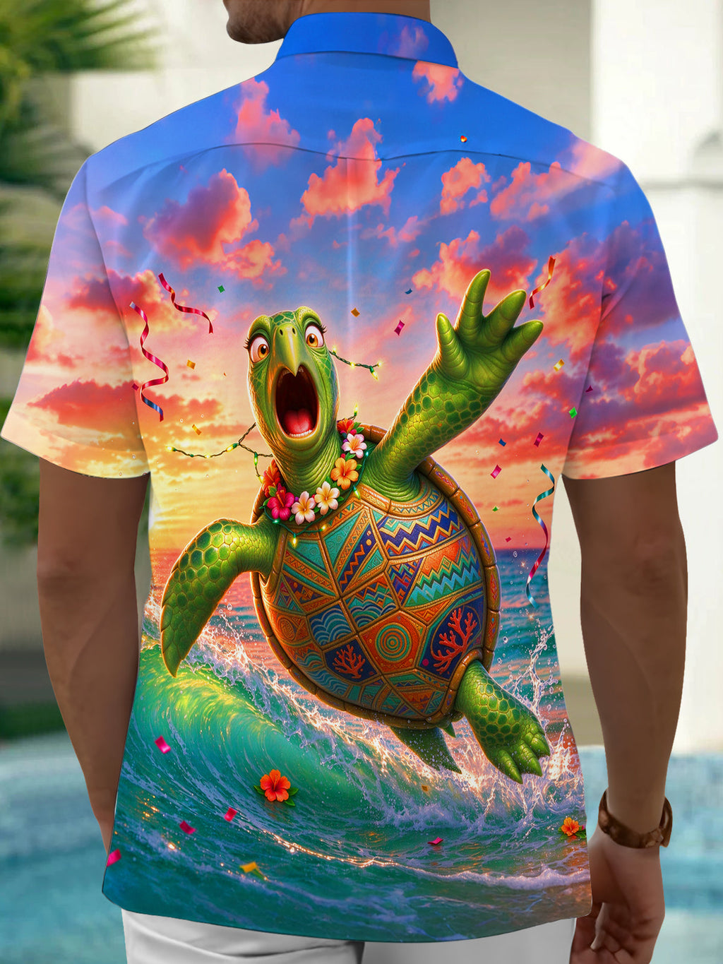 Oceanlyte Men's Short Sleeve Shirt - Animated Turtle With Hawaiian Lei And Sunset Seascape Print with Chest Pocket