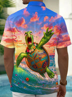 Oceanlyte Men's Short Sleeve Shirt - Animated Turtle With Hawaiian Lei And Sunset Seascape Print with Chest Pocket