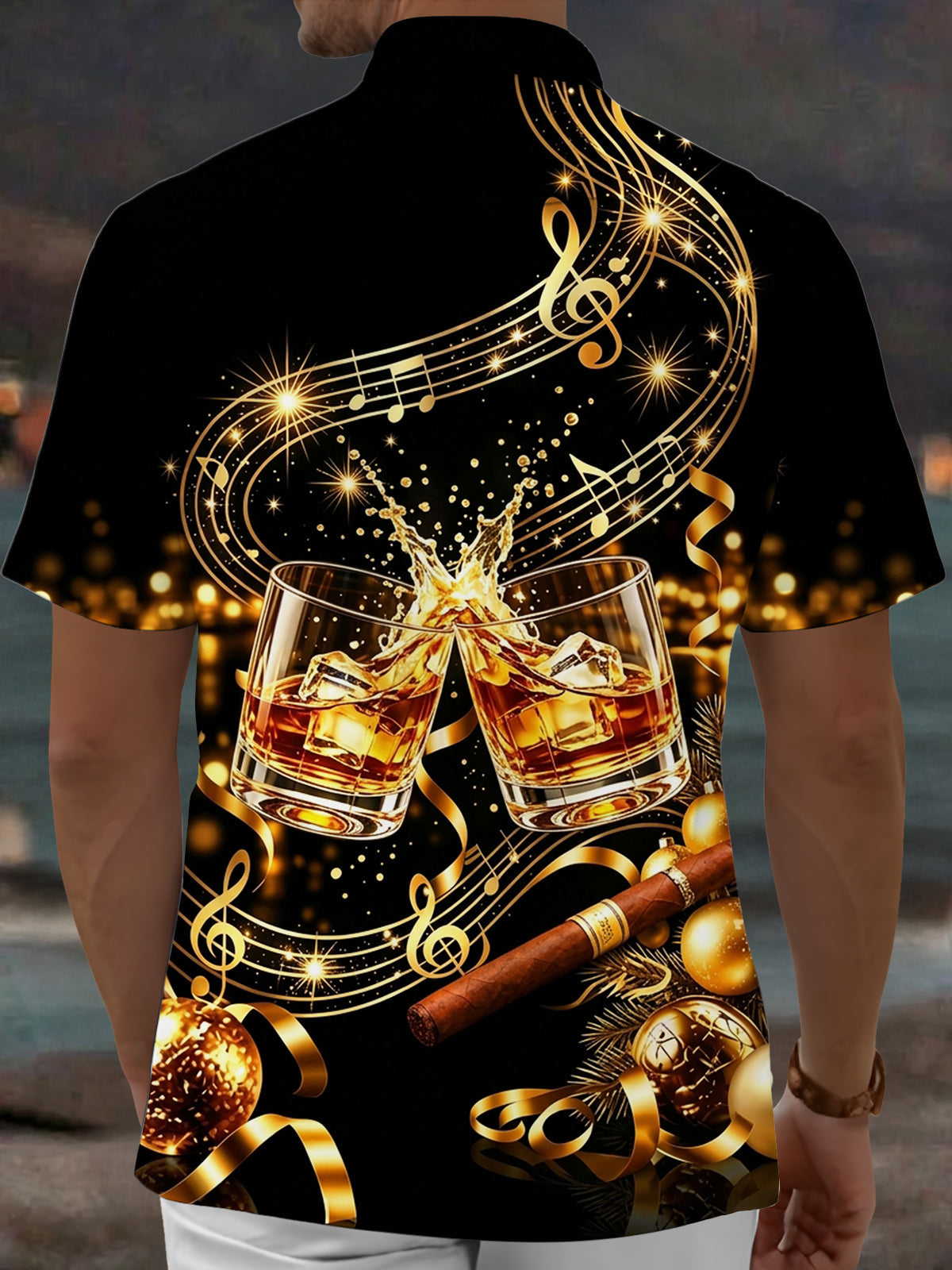 Oceanlyte Men's Short Sleeve Shirt - Cigar And Christmas Ornaments Print Whiskey Glasses And Music Notes Print with Chest Pocket