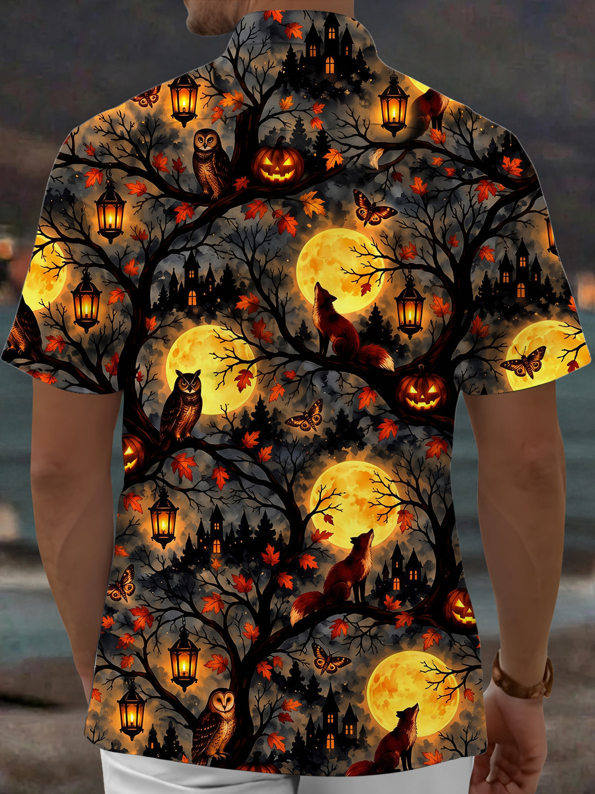 Oceanlyte Men's Short Sleeve Shirt - Halloween Foxes And Owls In Moonlit Forest Print with Chest Pocket