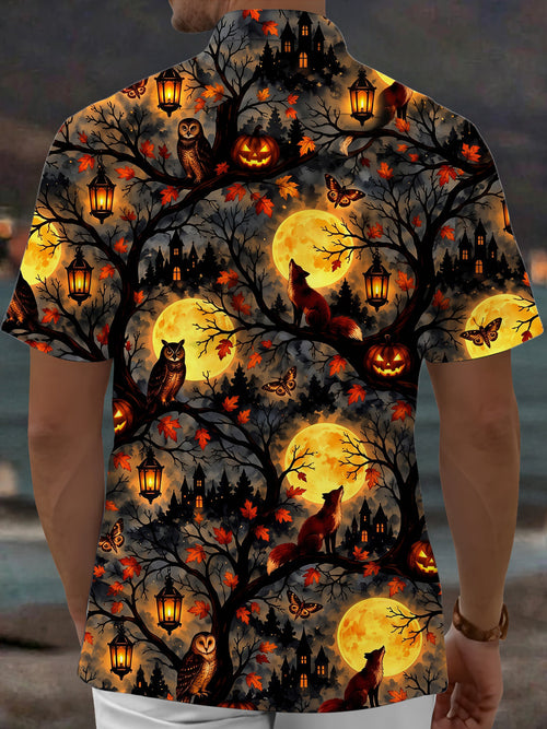 Oceanlyte Men's Short Sleeve Shirt - Halloween Foxes And Owls In Moonlit Forest Print with Chest Pocket