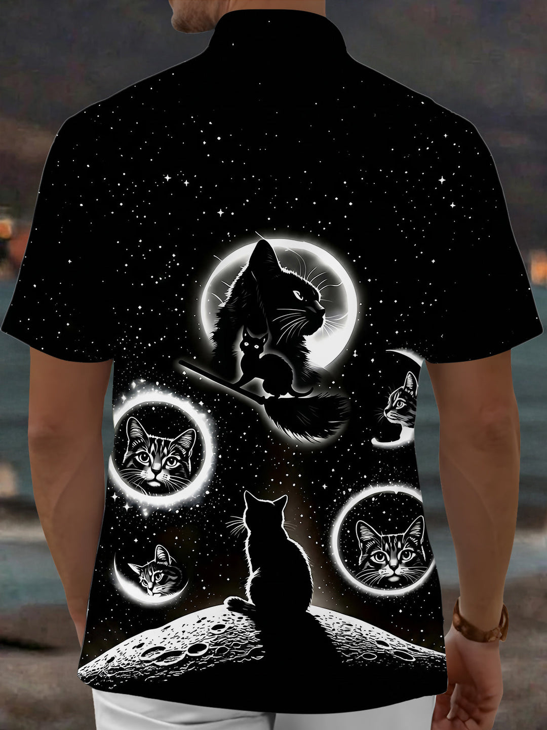 Oceanlyte Men's Graphic Black Cat Space Print Short Sleeve Shirt with Chest Pocket