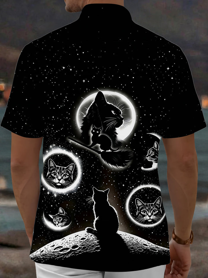 Oceanlyte Men's Graphic Black Cat Space Print Short Sleeve Shirt with Chest Pocket