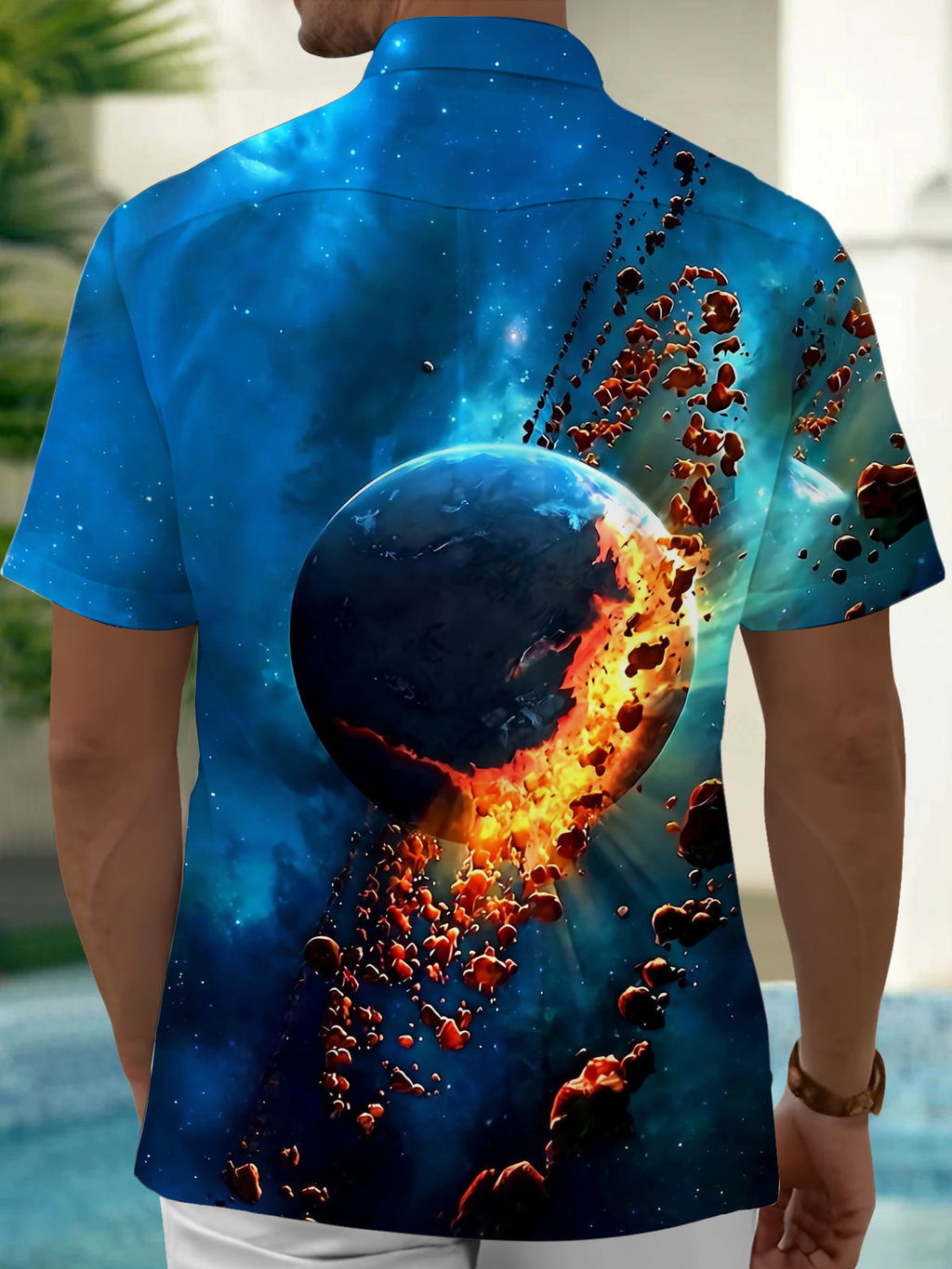 Oceanlyte Men's 3D Explosion Planet Print Short Sleeve Shirt with Chest Pocket