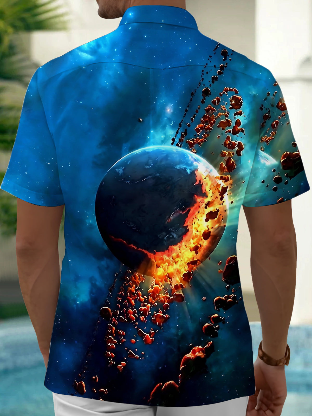 Oceanlyte Men's 3D Explosion Planet Print Short Sleeve Shirt with Chest Pocket