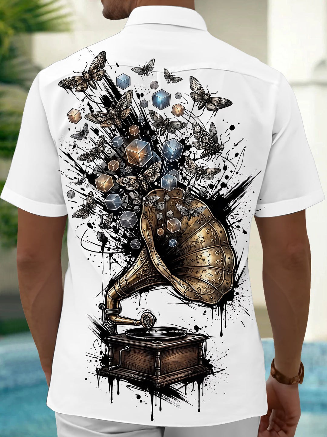 Oceanlyte Men's Vintage Gramophone Print Short Sleeve Shirt with Chest Pocket