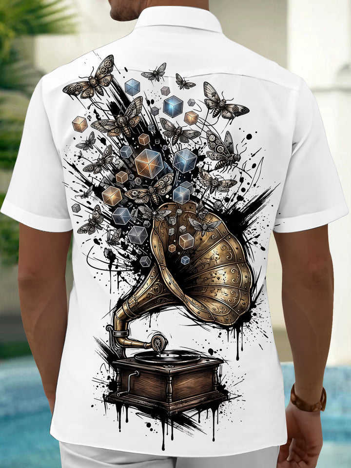 Oceanlyte Men's Vintage Gramophone Print Short Sleeve Shirt with Chest Pocket