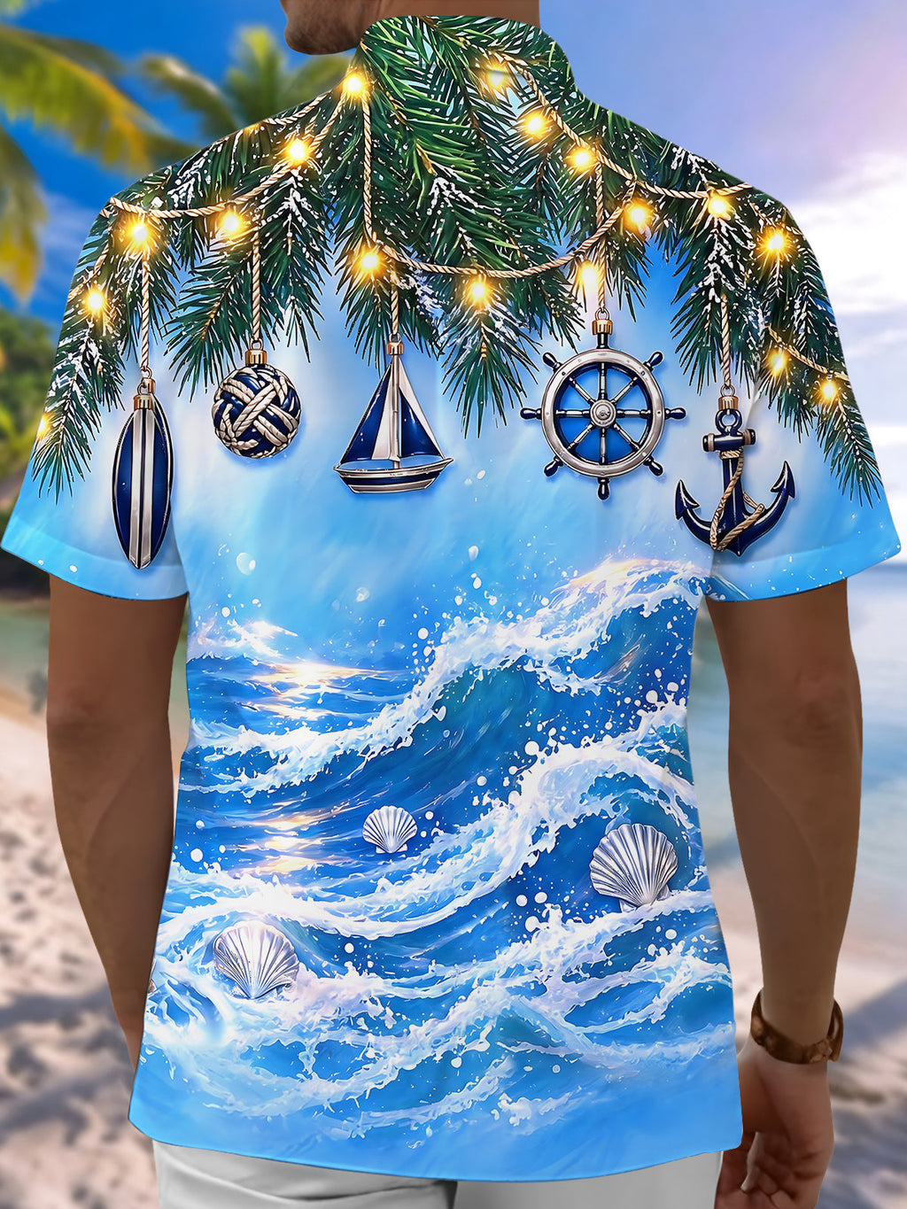 Oceanlyte Men's Short Sleeve Shirt - Christmas Pine Branches And Nautical Ornaments Print with Chest Pocket