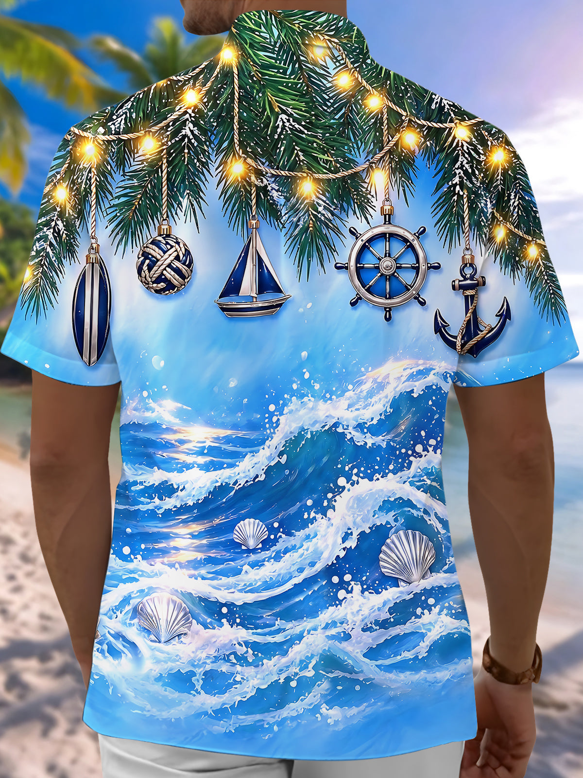 Oceanlyte Men's Short Sleeve Shirt - Christmas Pine Branches And Nautical Ornaments Print with Chest Pocket