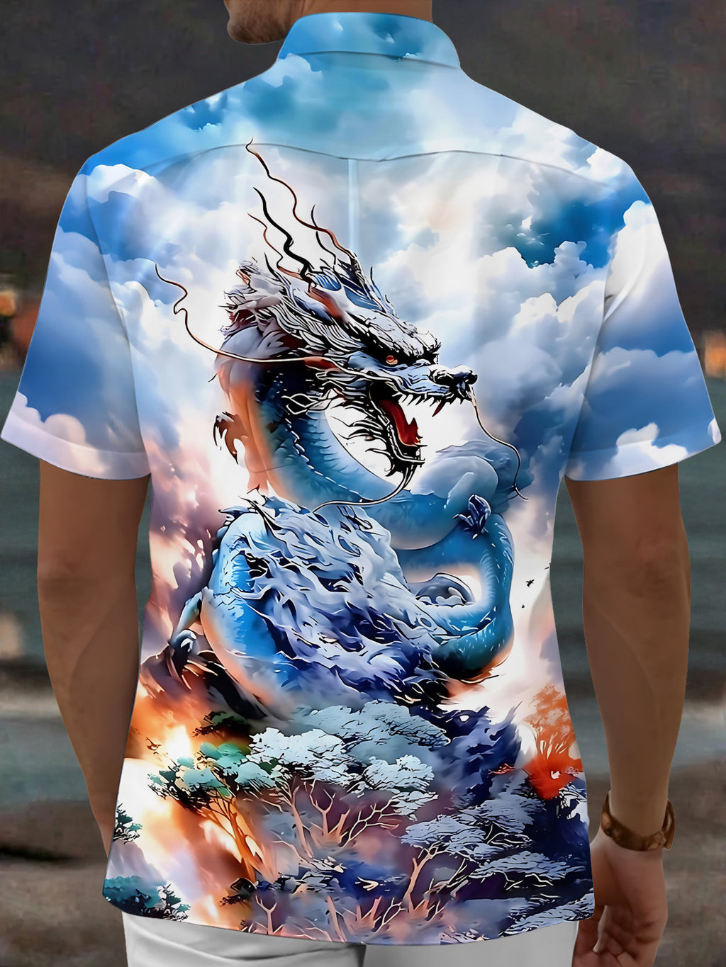 Oceanlyte Men's Hawaiian Chinese Dragon Print Clouds Print Short Sleeve Shirt with Chest Pocket