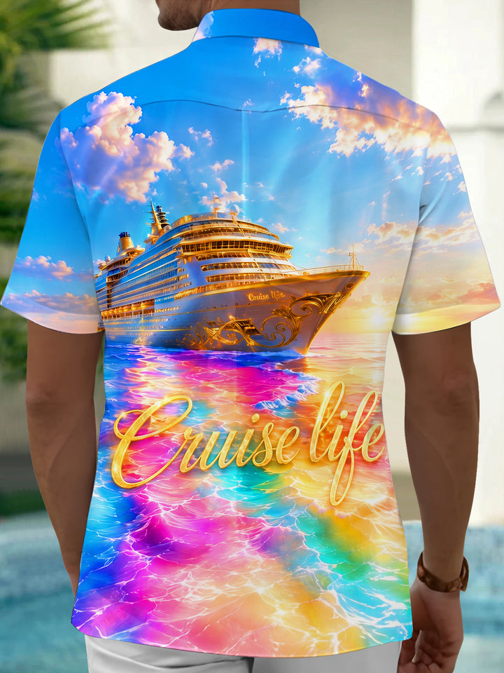 Colorful Sea Surface Luxury Cruise Life Men's Pocket Short Sleeve Shirts