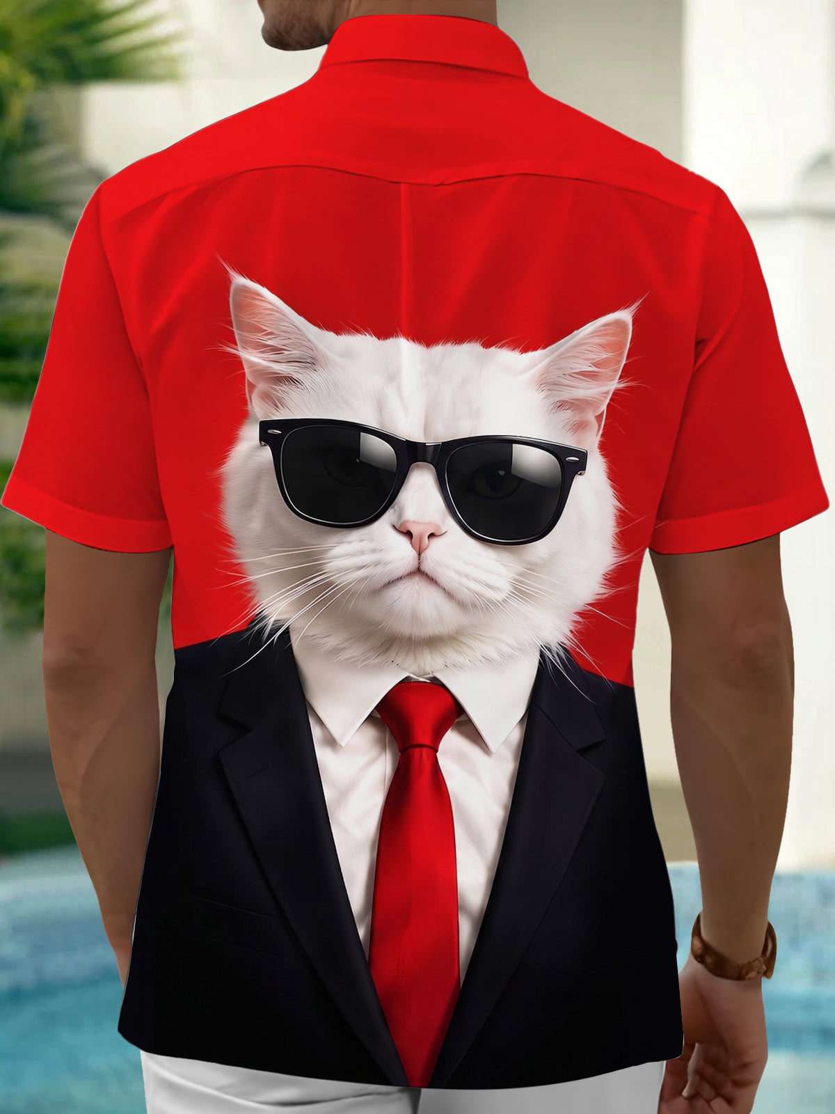 Oceanlyte Men's Graphic Cat In Suit And Sunglasses Print Short Sleeve Shirt with Chest Pocket
