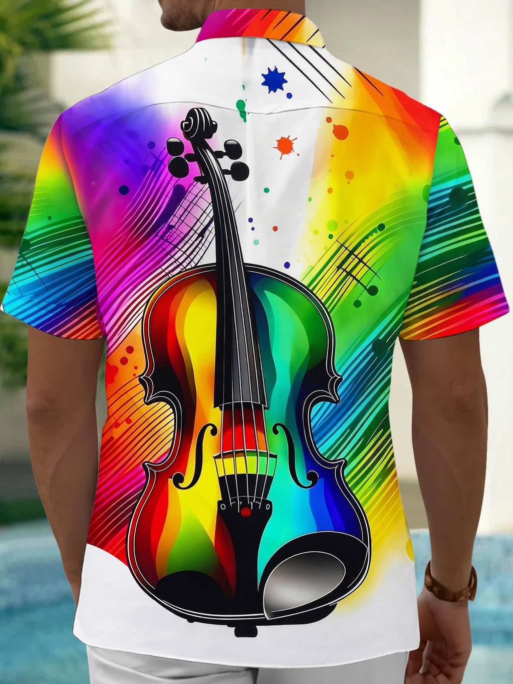 Oceanlyte Men's Graphic Rainbow Violin Print Short Sleeve Shirt with Chest Pocket