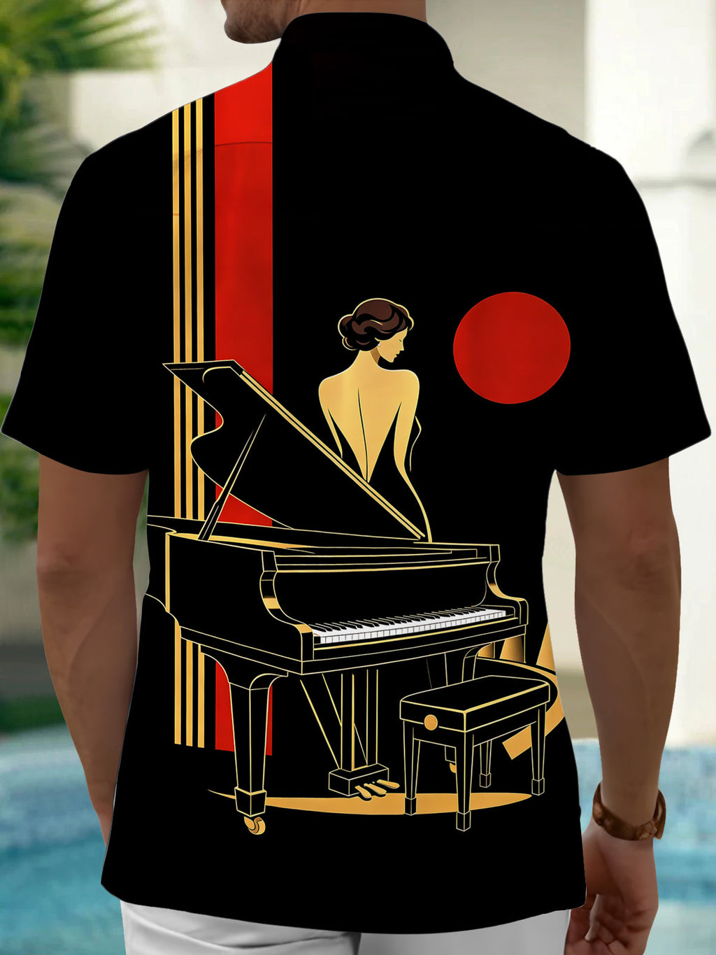 Oceanlyte Men's Retro Piano Player Print Grand Piano Print Short Sleeve Shirt with Chest Pocket