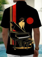 Oceanlyte Men's Retro Piano Player Print Grand Piano Print Short Sleeve Shirt with Chest Pocket