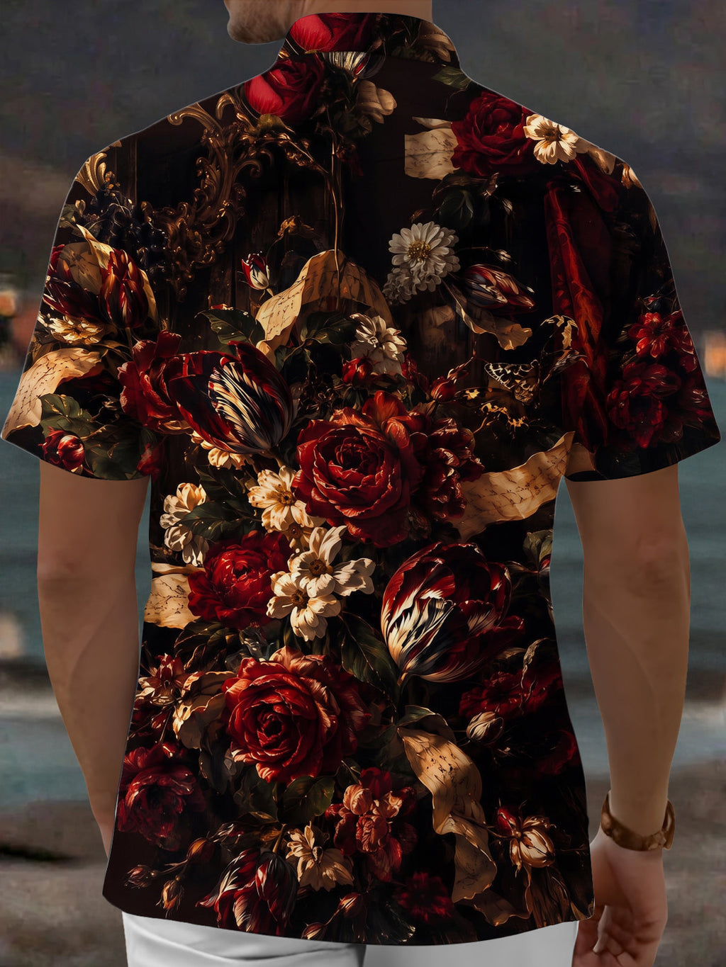 Oceanlyte Men's Vintage Style Dark Floral Bouquet Print Short Sleeve Shirt with Chest Pocket