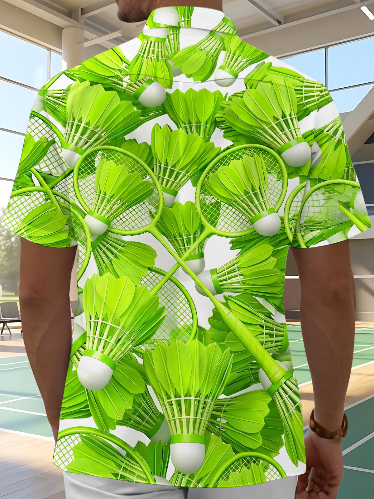 Oceanlyte Men's Hawaiian Badminton Racket Print Short Sleeve Shirt with Chest Pocket