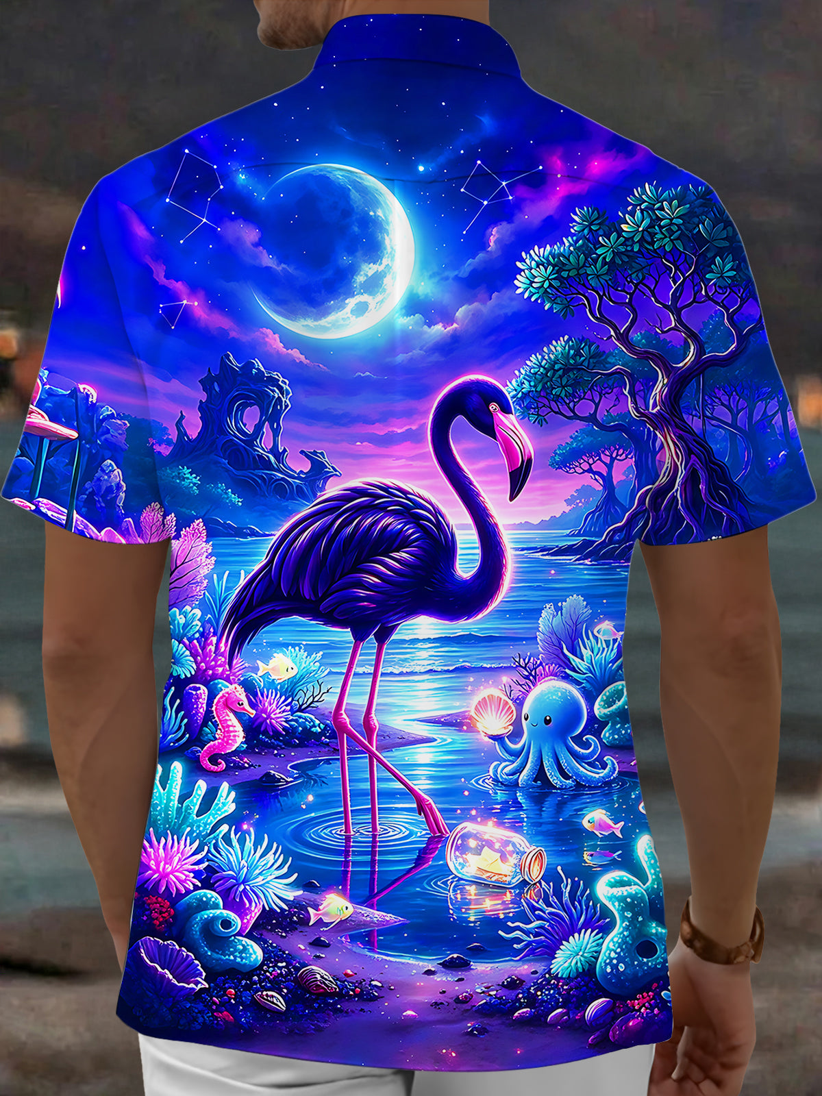 Oceanlyte Men's Short Sleeve Shirt - Purple Flamingo And Underwater Fantasy Scene Print with Chest Pocket