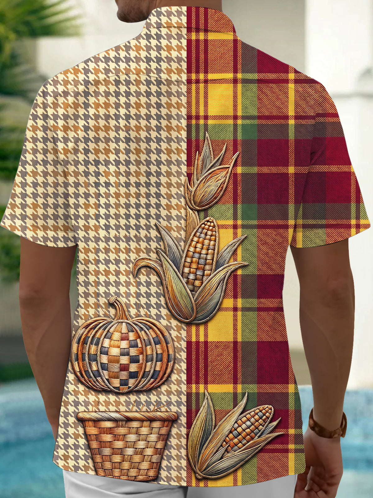 Oceanlyte Men's Autumn Autumn Harvest Corn And Pumpkin Print Short Sleeve Shirt with Chest Pocket