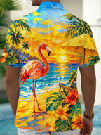Oceanlyte Men's Flamingo And Palm Tree Beach Sunset Print Short Sleeve Shirt with Chest Pocket