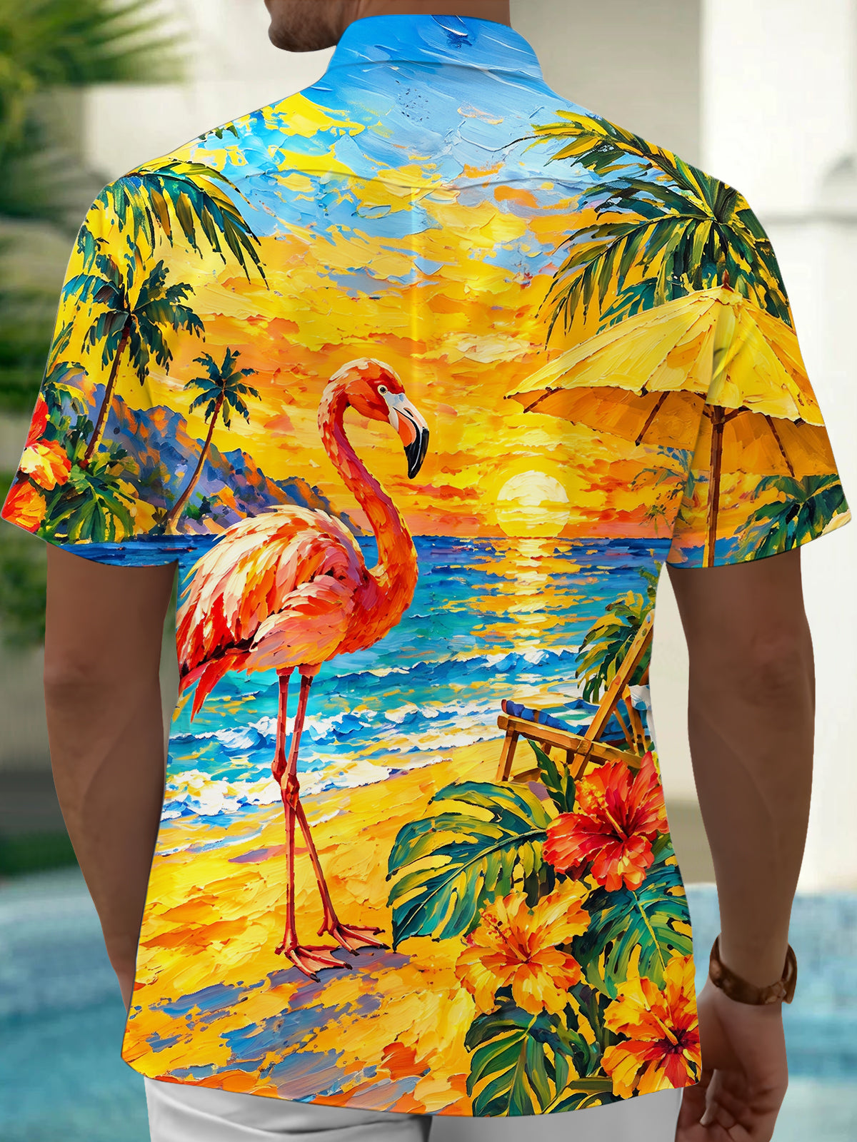 Oceanlyte Men's Flamingo And Palm Tree Beach Sunset Print Short Sleeve Shirt with Chest Pocket