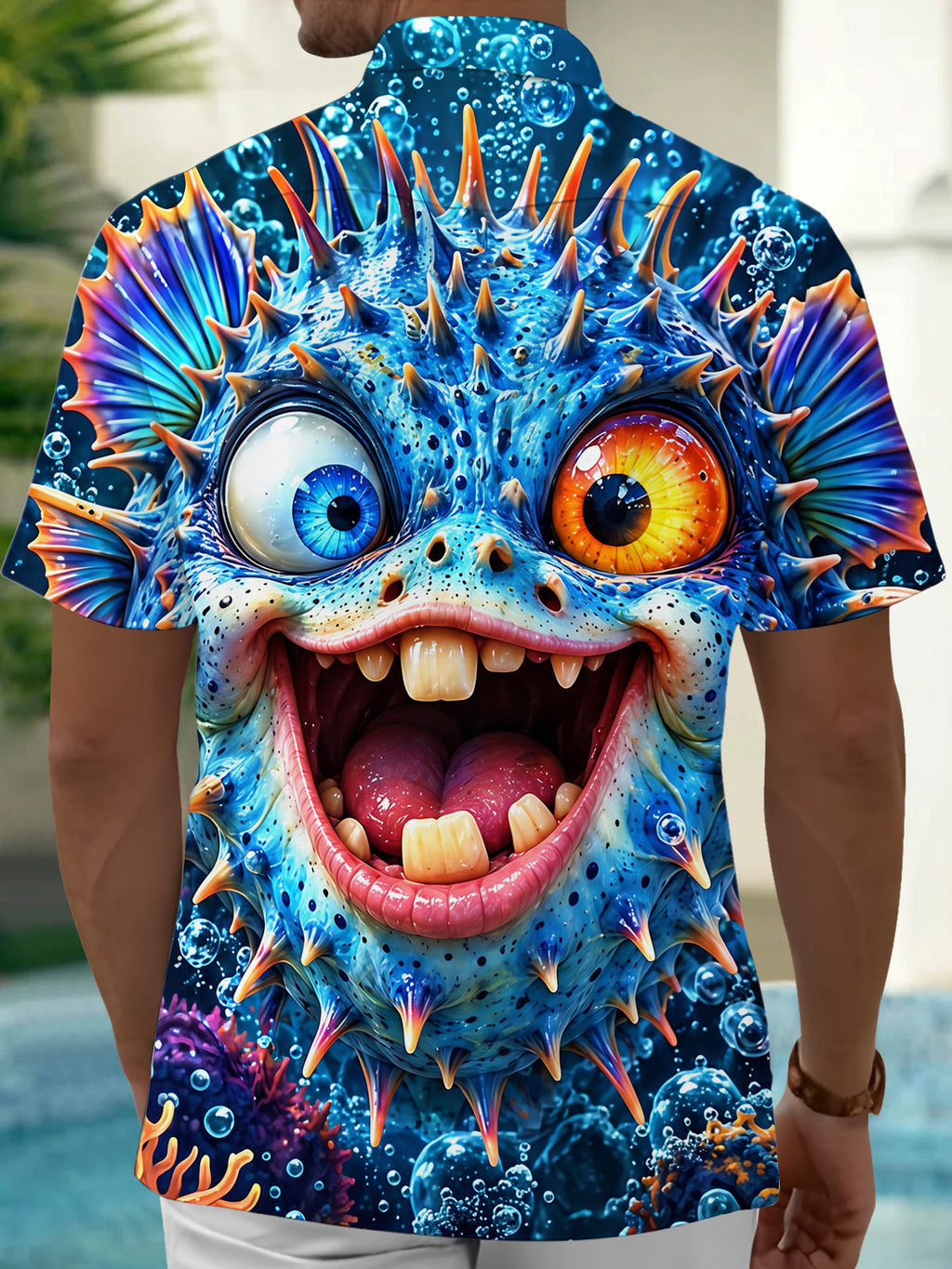 Oceanlyte Men's Hawaiian Funny Puffer Fish With Bubbles Print Short Sleeve Shirt with Chest Pocket