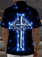 Oceanlyte Men's Glowing Blue Cross And Crown Of Thorns Print Short Sleeve Shirt with Chest Pocket