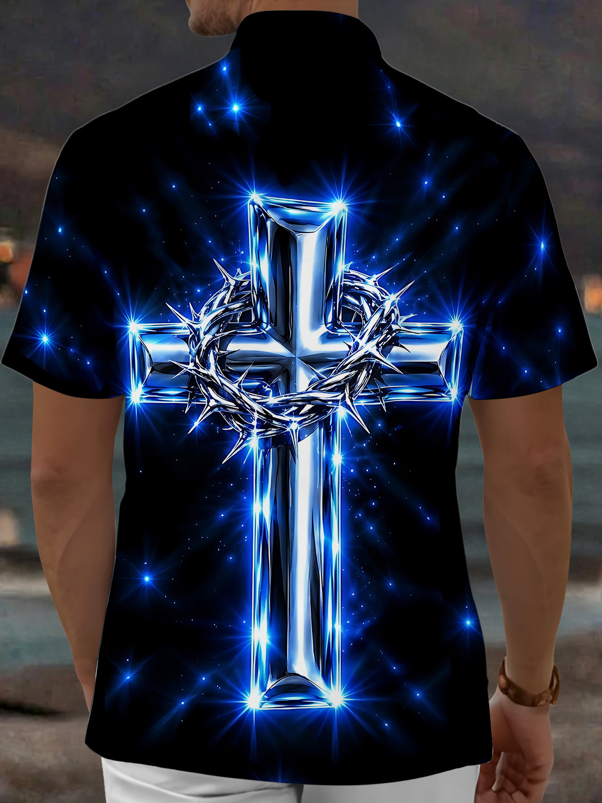 Oceanlyte Men's Glowing Blue Cross And Crown Of Thorns Print Short Sleeve Shirt with Chest Pocket
