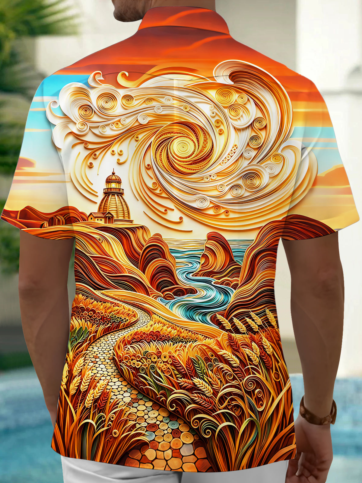 Oceanlyte Men's Printed Quilled Lighthouse Coast Print Short Sleeve Shirt with Chest Pocket