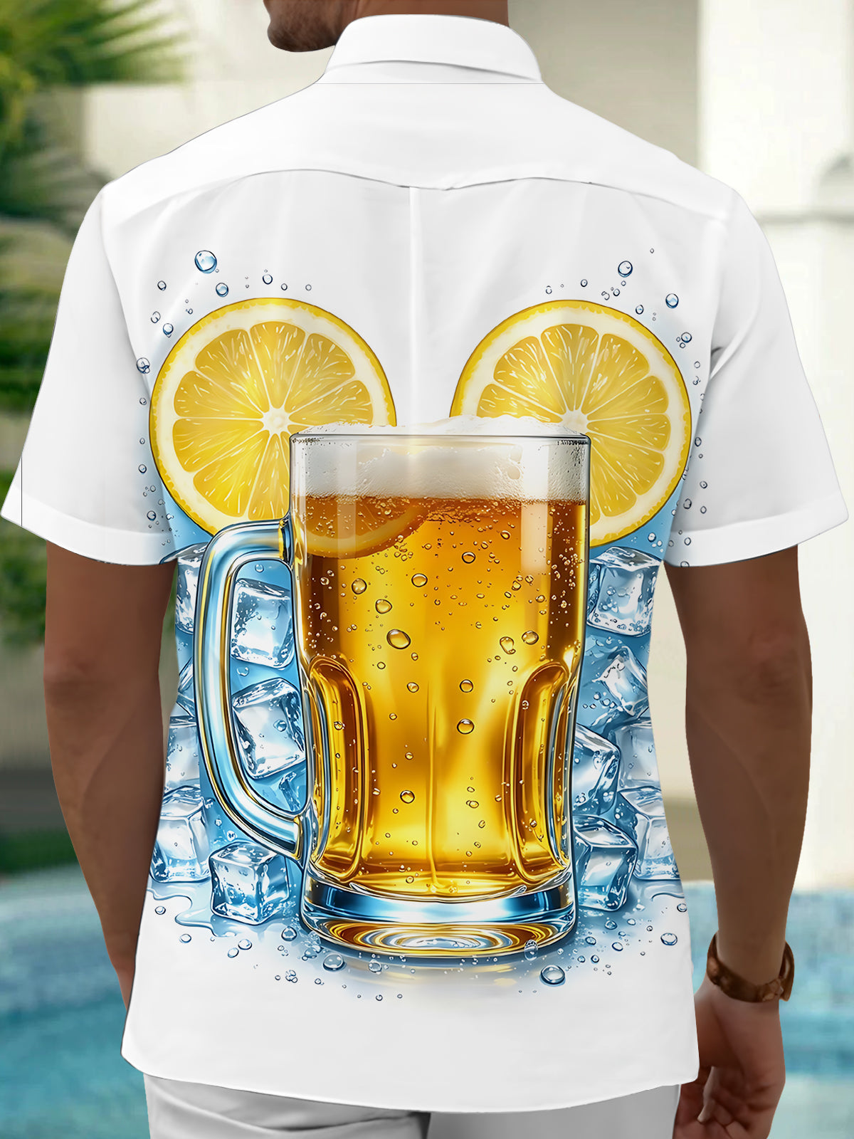 Oceanlyte Men's Short Sleeve Shirt - Beer Mug With Lemon Slices And Ice Cubes Print with Chest Pocket