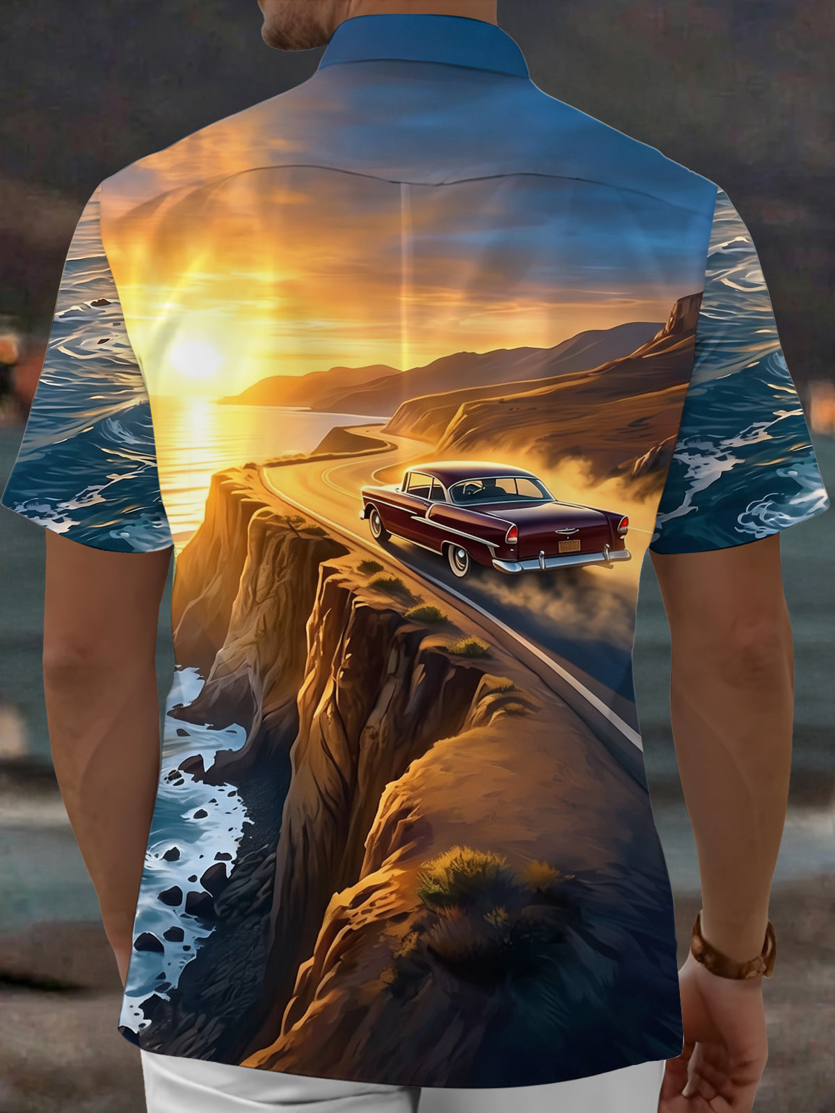 Oceanlyte Men's Vintage Car On Coastal Road Print Short Sleeve Shirt with Chest Pocket