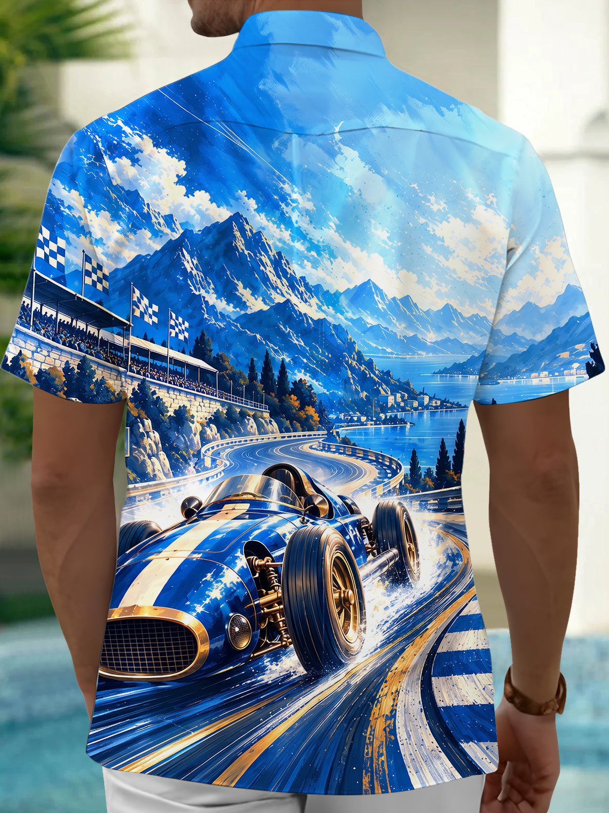 Oceanlyte Men's Vintage Racing Car On Mountain Track Print Short Sleeve Shirt with Chest Pocket