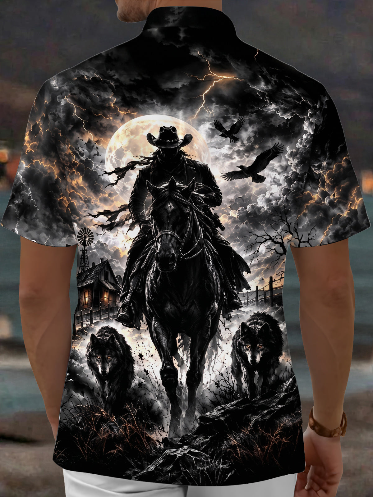 Oceanlyte Men's Short Sleeve Shirt - Halloween Dark Fantasy Landscape Print Cowboy On Horseback With Wolves And Crows Print