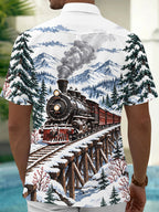 Oceanlyte Men's Short Sleeve Shirt - Vintage Steam Train In Snowy Mountain Landscape Print with Chest Pocket
