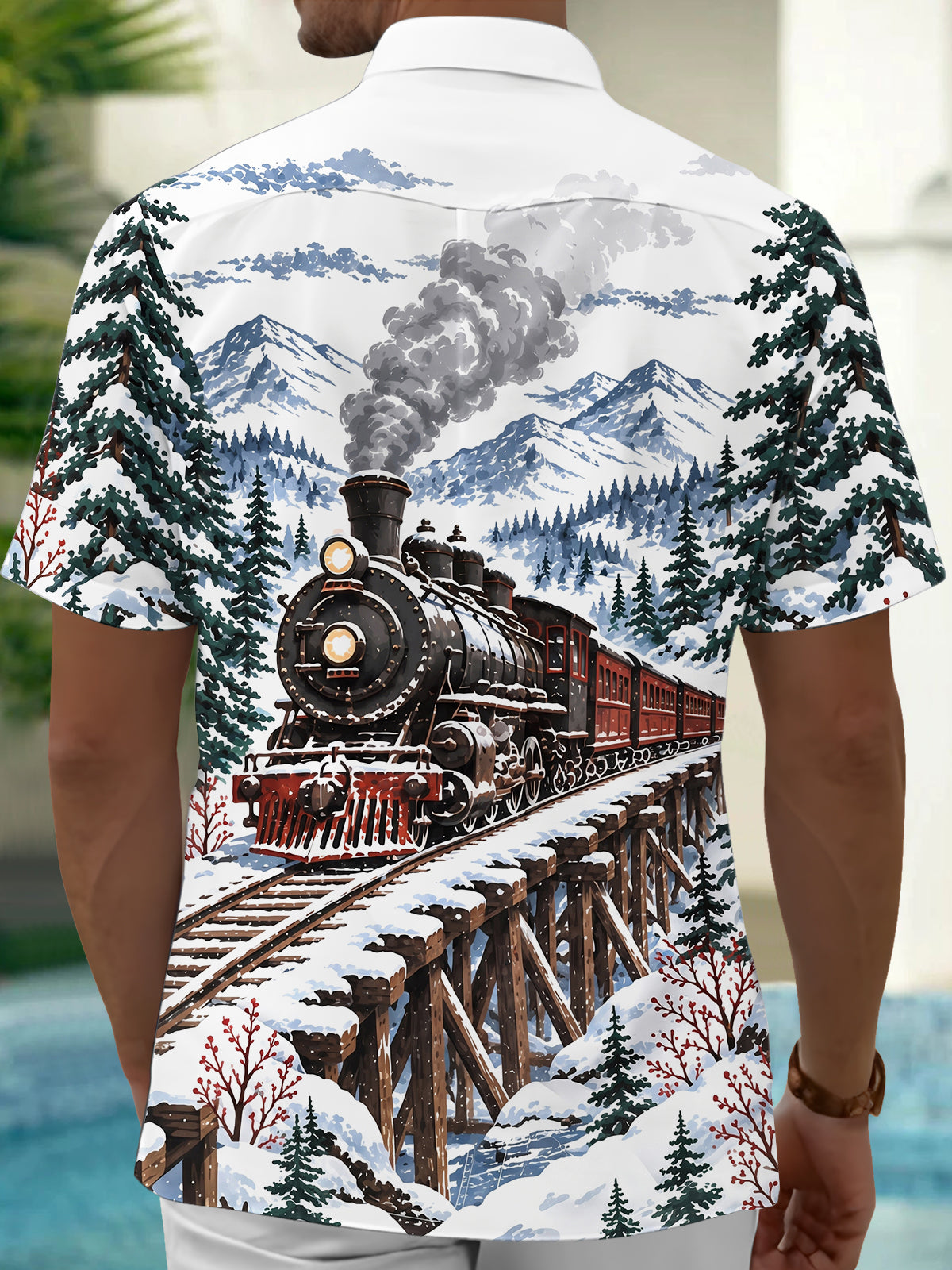 Oceanlyte Men's Short Sleeve Shirt - Vintage Steam Train In Snowy Mountain Landscape Print with Chest Pocket
