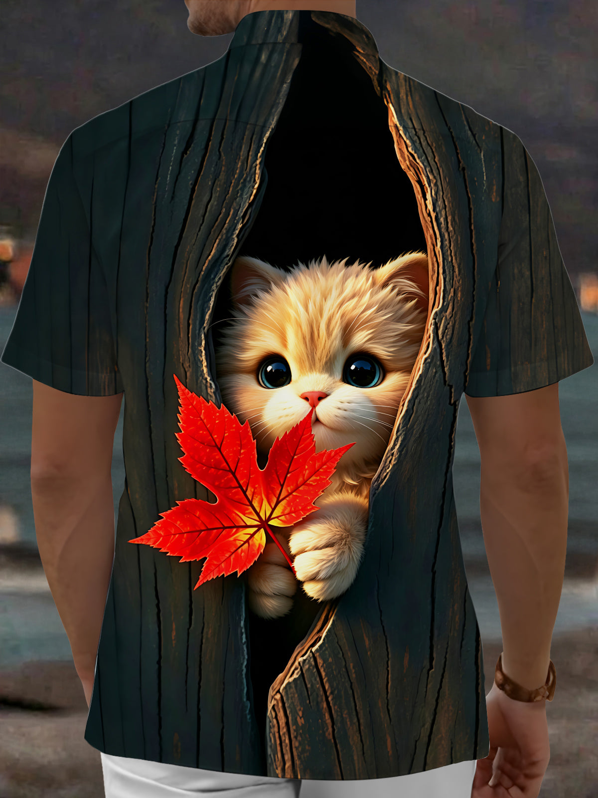 Oceanlyte Men's Graphic Kitten In Tree Hole Print Short Sleeve Shirt with Chest Pocket