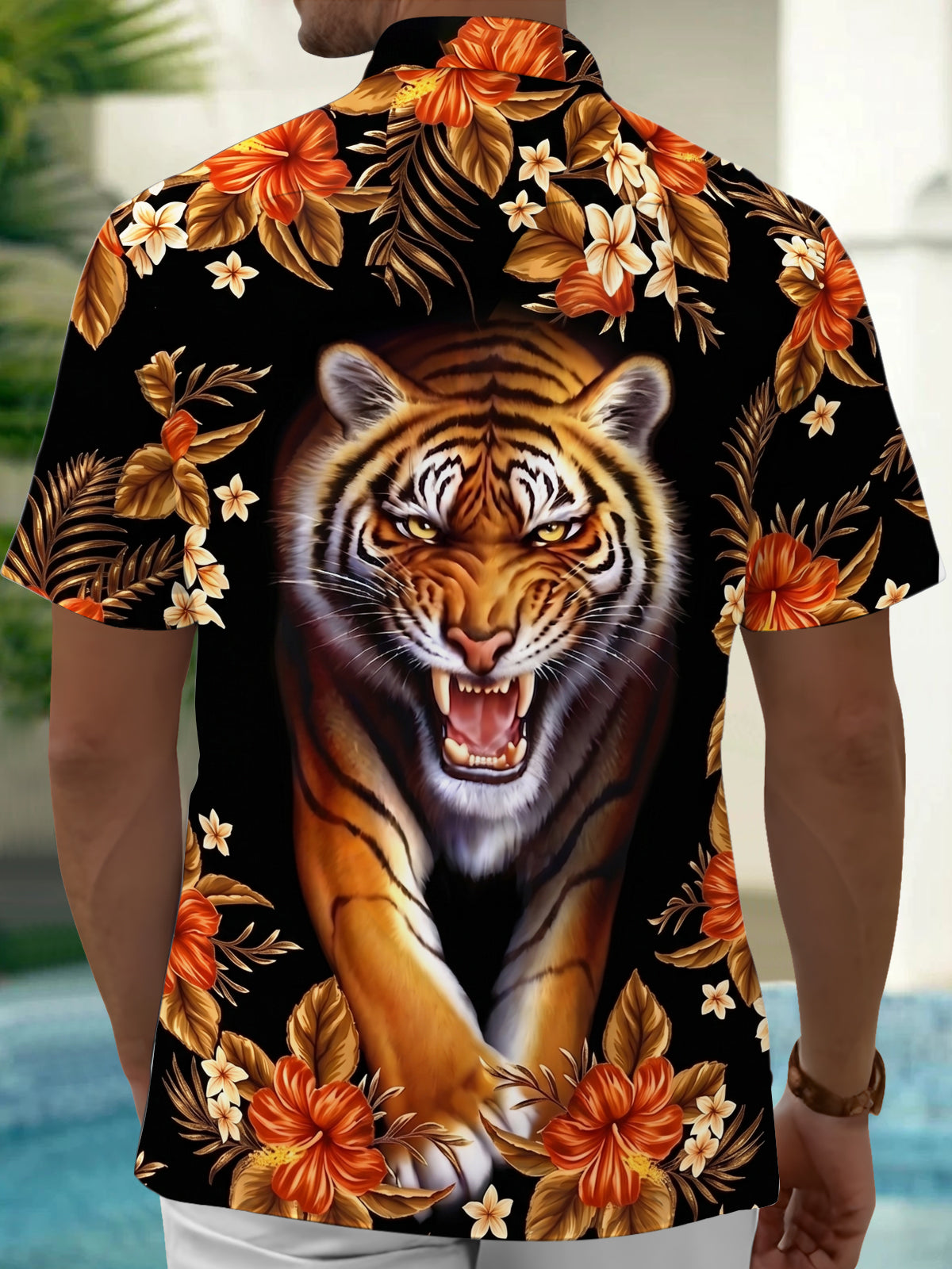 Oceanlyte Men's Hawaiian Tiger Face Print Short Sleeve Shirt with Chest Pocket