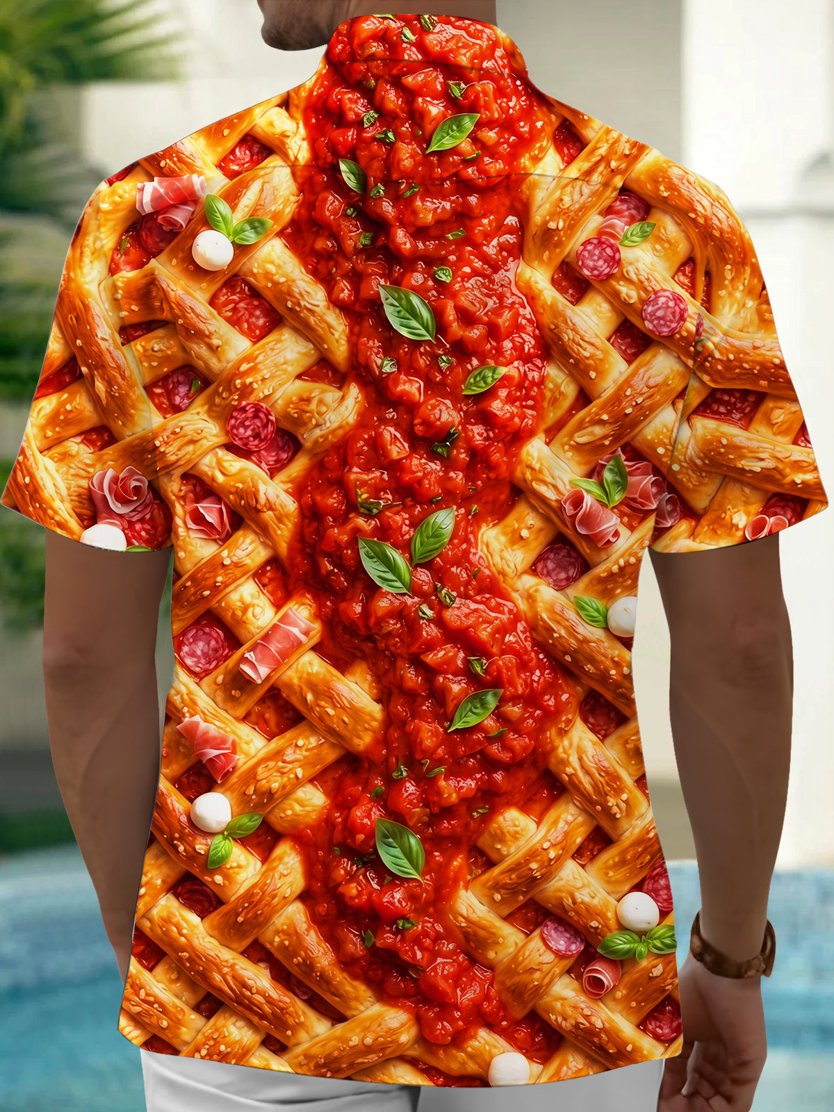 Oceanlyte Men's Short Sleeve Shirt - Pizza With Lattice Crust And Tomato Sauce Print with Chest Pocket