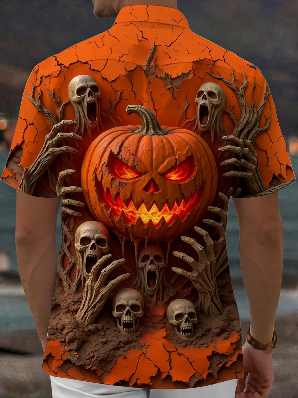 Oceanlyte Men's Halloween Jack-o-lantern And Skulls Print Short Sleeve Shirt with Chest Pocket