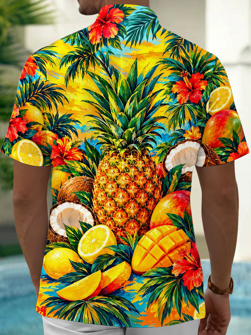 Oceanlyte Men's Hawaiian Pineapple And Tropical Fruits Print Short Sleeve Shirt with Chest Pocket