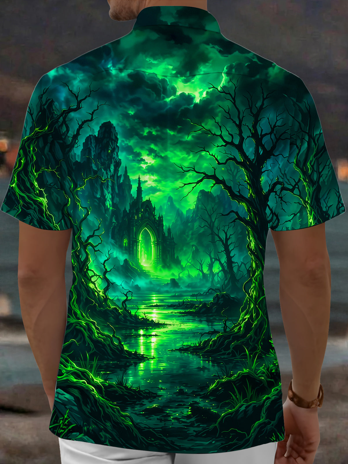 Oceanlyte Men's Printed Fantasy Castle And Dark Forest Print Short Sleeve Shirt with Chest Pocket