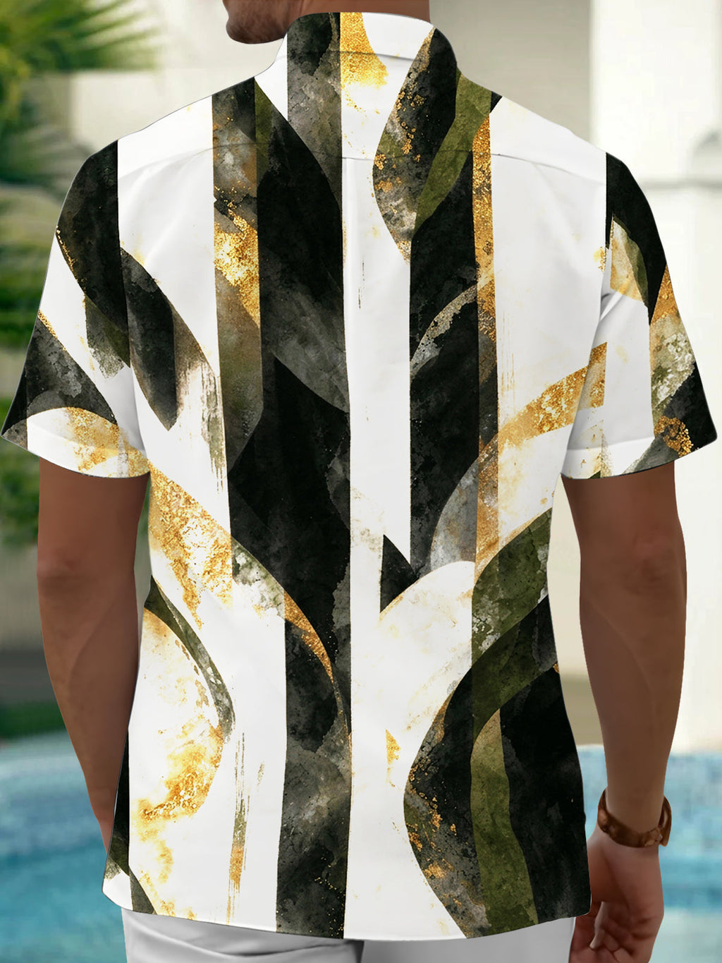 Oceanlyte Men's Abstract Gold Foil Geometric Shapes Print Short Sleeve Shirt with Chest Pocket