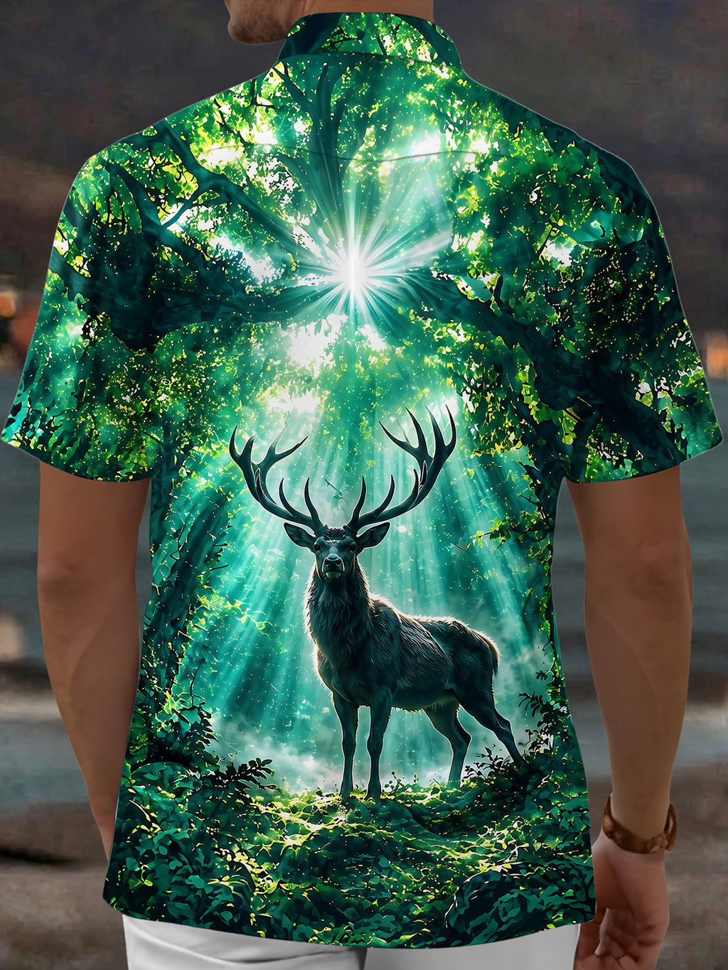 Oceanlyte Men's Hawaiian Deer In Forest With Sunbeams Print Short Sleeve Shirt with Chest Pocket