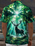 Oceanlyte Men's Hawaiian Deer In Forest With Sunbeams Print Short Sleeve Shirt with Chest Pocket