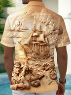 Oceanlyte Men's Short Sleeve Shirt - The "Line of Battle" Vintage Military Navy And Sailing Ship Relief Print with Chest Pocket