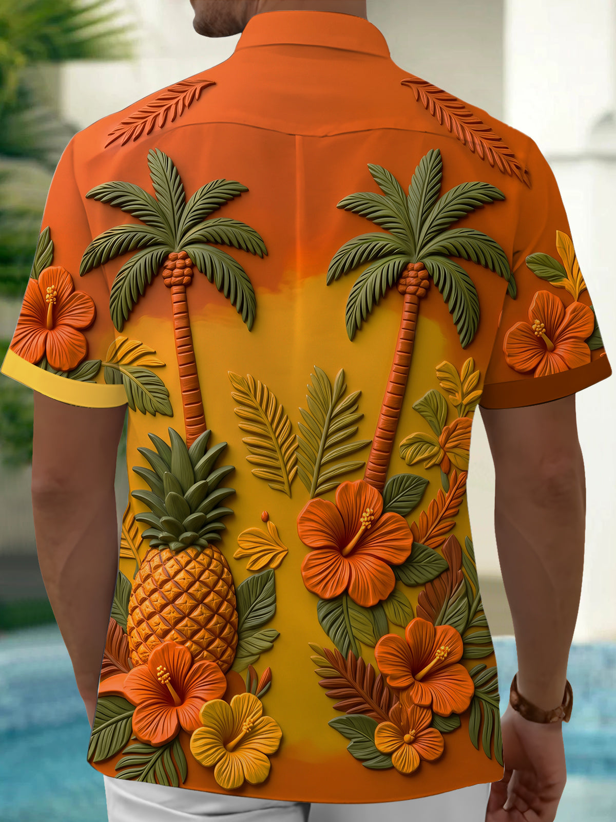 Oceanlyte Men's Hawaiian Palm Trees And Pineapples Print Short Sleeve Shirt with Chest Pocket