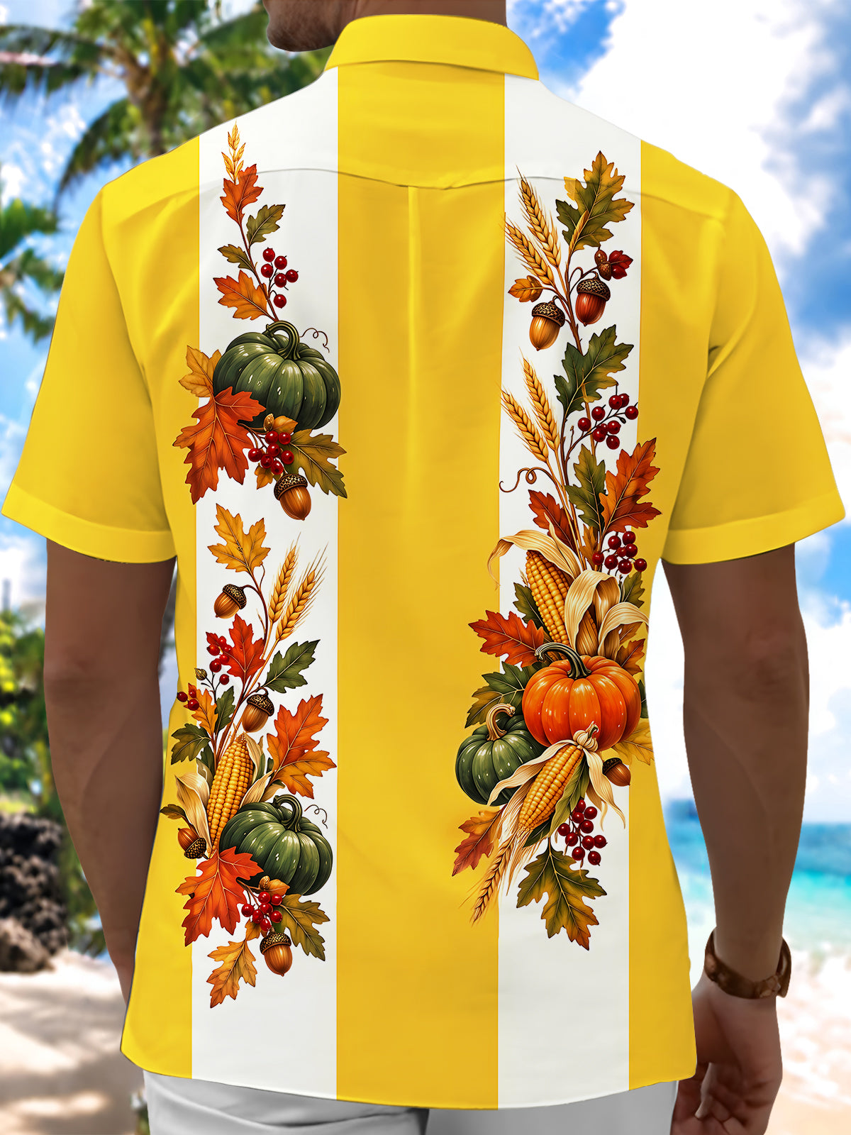 Oceanlyte Men's Thanksgiving Harvest Pumpkins And Corn Print Short Sleeve Shirt with Chest Pocket